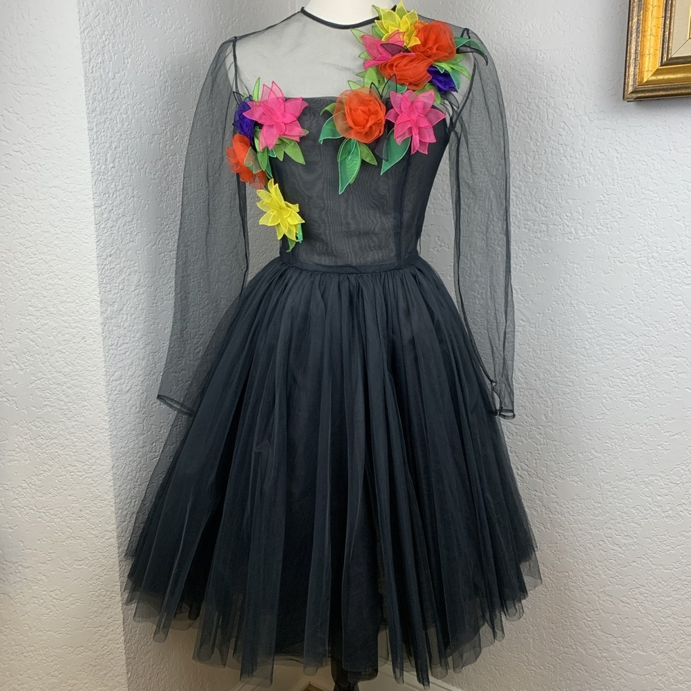 Vtg 50s Style Black Tulle Sheer 3D Floral Applique Dress Sz 8 Victor Costa